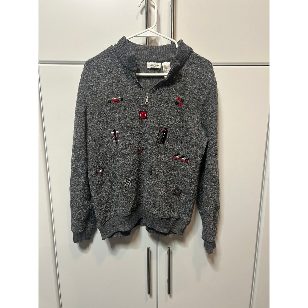 Monterey by Koret Womens Gray Quarter Zip‎ Sweater Embroidered Patches Size S